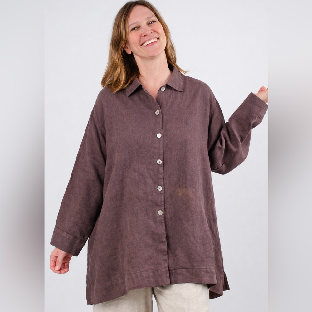 Bryn Walker Gordon Linen Oversized Shirt Tunic Brown Purple Earth Tone Lagenlook
